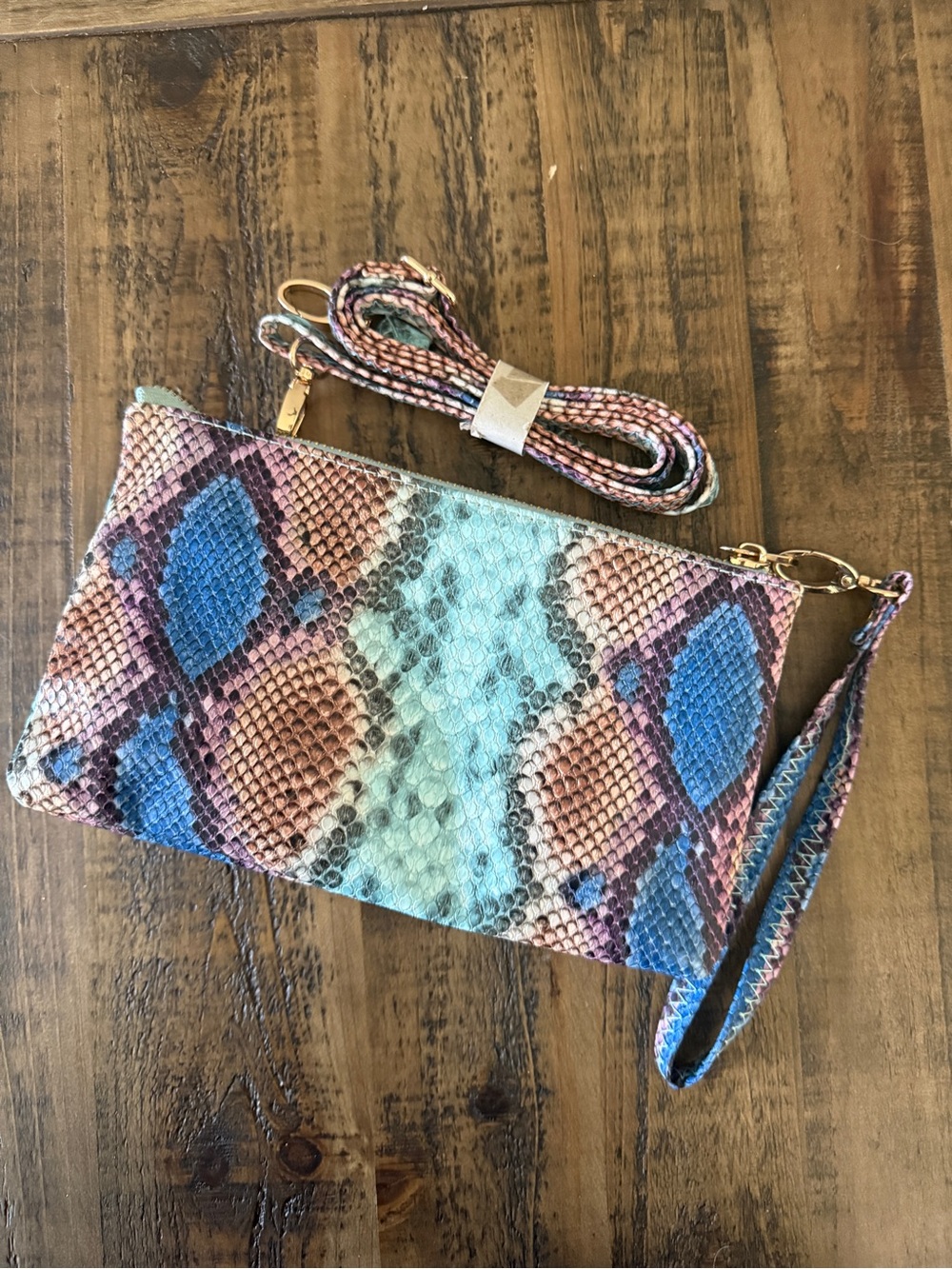 Caroline Hill Multicolor Snake-Print Wristlet Clutch in Blue, Pink and Aqua